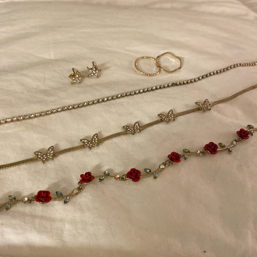 Girls jewelry lot rhinestone and gold necklaces, bracelet, rings and earrings